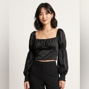 Divided by H&M Black Satin Top with Puffed Sleeves